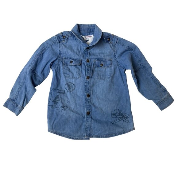 Minoti Girls Blue Denim Button-Up Shirt With Fun Graphic Details Size 18-24M - Picture 1 of 5